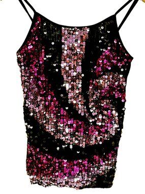 Black Pink Sequin Top Adjustable Straps Camisole Sparkly Stretch Lightweight NEW